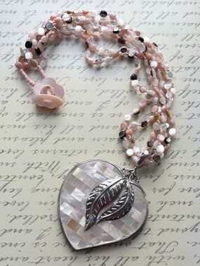 Sajen Silver Mosaic Mother of Pearl Heart Pendant Necklace Pink Leaves Design